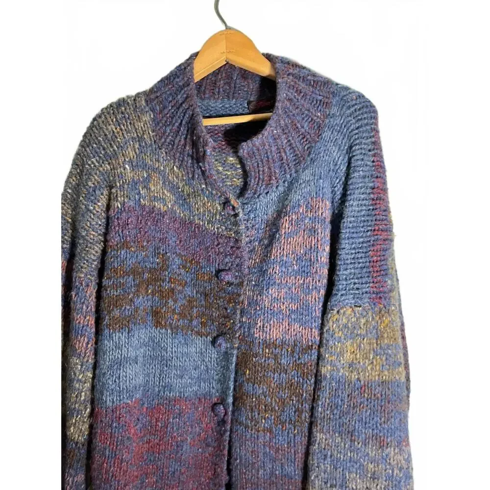 70's Cozy Hand-Knit Super Chunky Oversized  Wool  Multi-Colored Sweater Coat OS - Picture 3 of 11